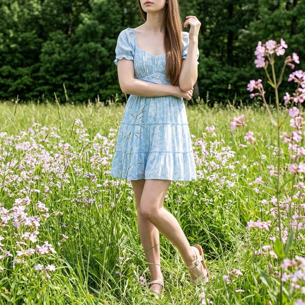 Trixxi Light Blue Floral Tiered Mini Dress Smocked Back Lg‎ Cottagecore Babydoll